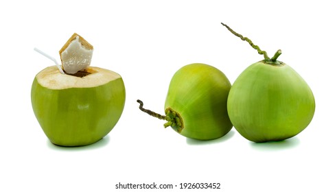 Green young coconut fruit isolated on white background. clipping path