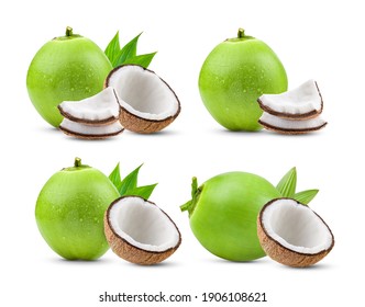 Green young coconut with water drop isolated on white background