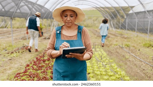 Greenhouse farming, tablet and mature woman with inspection for sustainable environment in nature. Quality check, digital technology and farmer outdoor with vegetables for growth or development. - Powered by Shutterstock