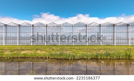 Greenhouse industrial exterior in the Netherlands. Food farming industry with giant buildings.