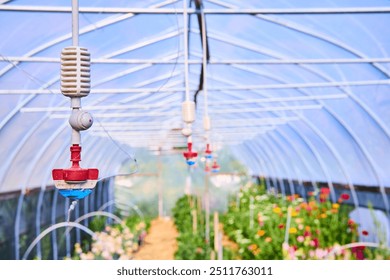 Greenhouse Irrigation System and Lush Plants Eye-Level Perspective - Powered by Shutterstock