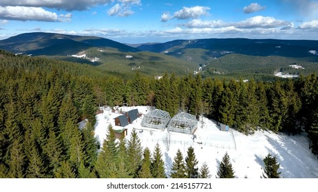 Greenhouse science snow winter frost drone aerial open top chambers climate change research Bily Kriz, plant spruce Picea abies Norway European mountain beech Fagus sylvatica common scientific