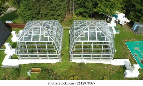 Greenhouse science station drone aerial open top chambers climate change research Bily Kriz, plant spruce Picea abies Norway European and mountain beech Fagus sylvatica common for scientific