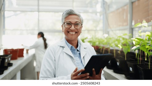 Greenhouse, scientist and portrait of woman with tablet for biochemistry, ecosystem and research. Science, innovation and mature person with tech by plants for ecology, development and climate change - Powered by Shutterstock