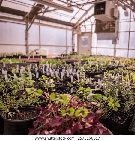 Sunlit Greenhouse with Seedling Trays and Watering Cans