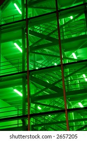 A Green-illuminated Stairwell From The Montreal Convention Center