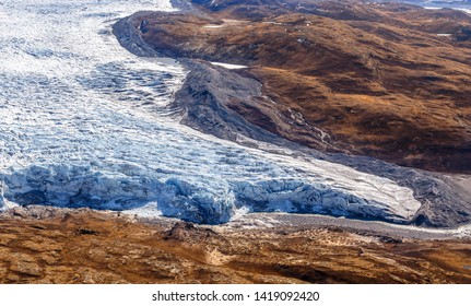 Greenlandic Ice Cap Melting Glacier With Tundra Aerial View, Near Kangerlussuaq, Greenland