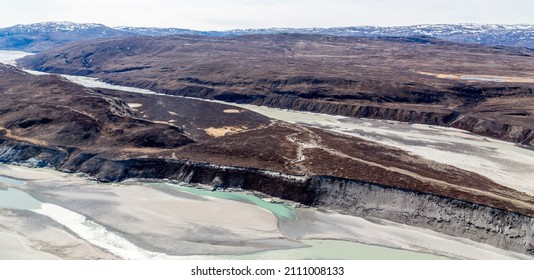 Greenlandic Tundra Landscape With  River From Ice Cap Melting, Aerial View, Near Kangerlussuaq, Greenland