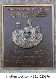 GREENSBORO, NC, USA-2/14/19: A Plaque In Front Of The Greensboro Woolworth Store, Documenting The First 