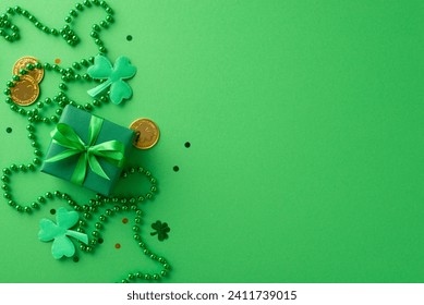 Green-themed celebration: Top-view shot featuring gift box, lucky gold coins, trefoils, confetti, and beads necklace on a green backdrop with space for text - Powered by Shutterstock