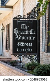 Greenville, Alabama, USA - Sept. 24, 2021: Close up of metal sign outside of the Greenville Advocate office. This newspaper has served Greenville since 1865.