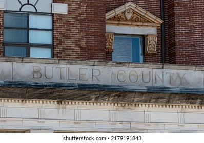 Greenville, Alabama, USA-Sept. 24, 2021: Butler County Carved Into The Stone Border On The Exterior Of The Butler County Courthouse.