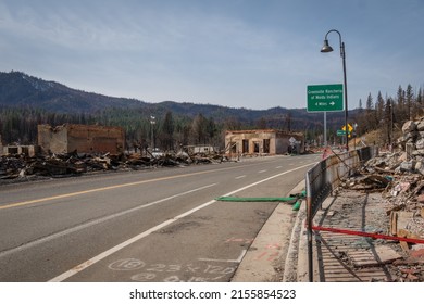 Greenville, CA, USA-March 18, 2022: The small town of Greenville completely burned in Dixie Fire in 2021. The entire downtown area is rubble and completely uninhabitable.