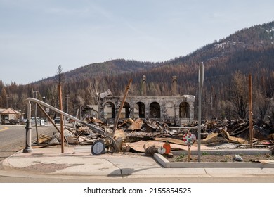 Greenville, CA, USA-March 18, 2022: The small town of Greenville completely burned in Dixie Fire in 2021. The entire downtown area is rubble and completely uninhabitable.