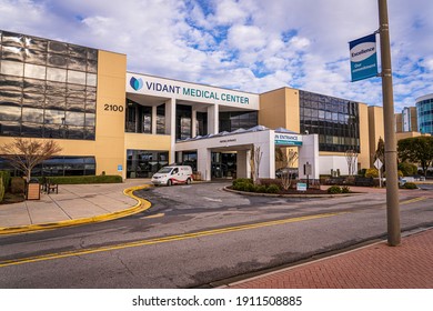 Greenville, North Carolina USA-02 06 2021: A Side View Of The Eastern Carolina University Medical School Vidant Medical Center Entrance.