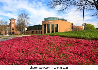 GREENVILLE, SC/USA - APRIL 8, 2018:  The modernized Hughes Main Library complements the revitalized downtown area providing education, entertainment and a gathering place for the community.