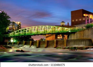 Greenville, South Carolina - downtown Falls Park cityscape blue hour dusk