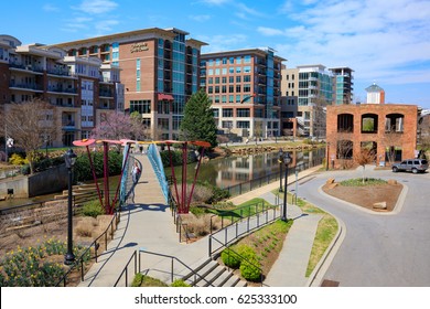 GREENVILLE, SOUTH CAROLINA - MARCH 21, 2017:  The revitalized downtown area of this city is pedestrian friendly with walkability, business, retail, cultural and entertainment amenities.