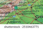 Greenville, South Carolina marked by a green map tack.  The City of Greenville is the county seat of Greenville County, SC.