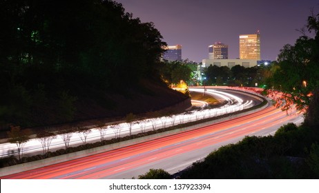 Greenville, South Carolina skyline above the flow of traffic on Interstate 385.