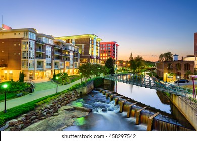 Greenville, South Carolina, USA Downtown Cityscape At Dusk.