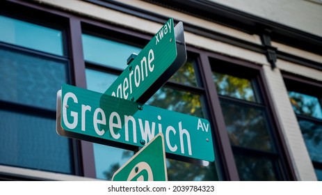 GREENWICH, CT, USA - SEPTEMBER 11, 2021:  Street Sign On Greenwich Avenue With Morning Light