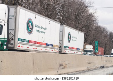 Greenwich, USA - April 6, 2018: Traffic With Old Dominion Trucks On Highway 78 In Pennsylvania With Cars Standing Waiting On Cloudy Day