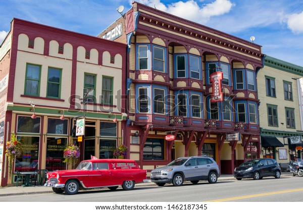 Greenwood,\
British Columbia, Canada - September 25, 2018: Street scene of the\
colorful store fronts and saloon in the small town in the Kootenays\
in  Greenwood, British Columbia,\
Canada.