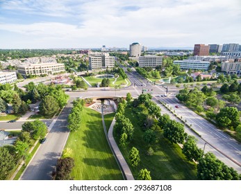 Greenwood Village, Colorado, USA-June 27, 2015. Aerial View Of Business Park With Urban Park.