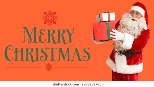 Greeting banner for Christmas with Santa Claus holding gifts on orange background - Powered by Shutterstock