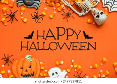 Greeting banner for Happy Halloween with tasty candy corns, creepy decor and cookies - Powered by Shutterstock