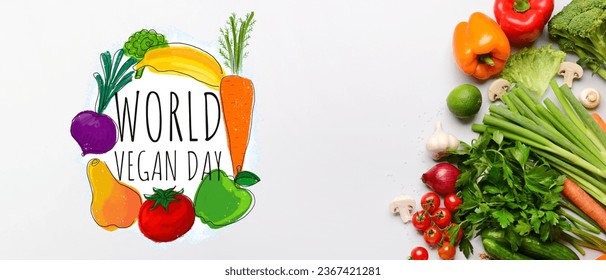 Greeting banner for World Vegan Day with many vegetables on light background - Powered by Shutterstock