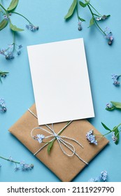 Greeting Blank Card Mockup With Gift, Top View, Copy Space