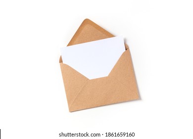 Greeting Card In A Brown Kraft Envelope Mockup, Shot From Above On A White Background