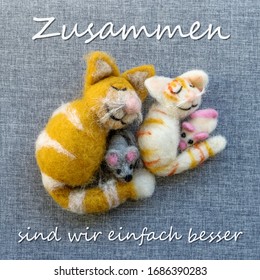 Greeting Card With Cats And Mice With German Text: Together We Are Simply Better