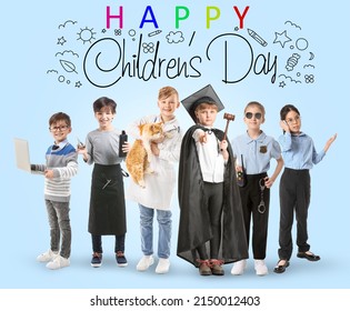 Greeting Card For Children's Day With Many Kids In Uniforms Of Different Professions