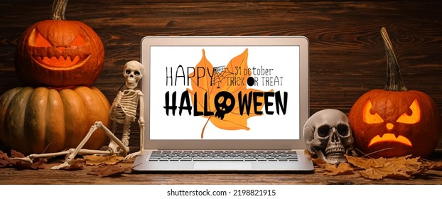 Greeting Card For Happy Halloween Celebration With Laptop