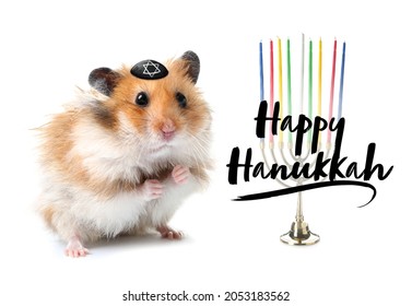 Greeting Card For Happy Hannukah With Funny Jewish Hamster