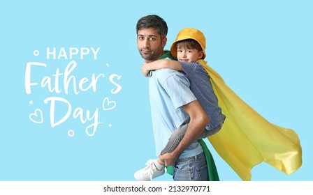 Greeting card for Happy International Father's Day with daddy and son on blue background