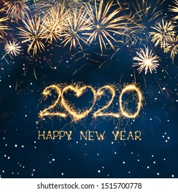 Greeting card Happy New Year 2020. Beautiful Square holiday web banner or billboard with Golden sparkling text Happy New Year 2020 written sparklers on festive blue background.
