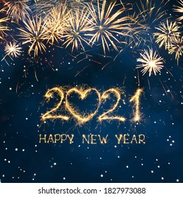 Greeting card Happy New Year 2021. Beautiful Square holiday web banner or billboard with Golden sparkling text Happy New Year 2021 written sparklers on festive blue background.