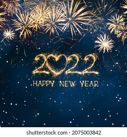 Greeting card Happy New Year 2022. Beautiful Square holiday web banner or billboard with Golden sparkling text Happy New Year 2022 written sparklers on festive blue background.