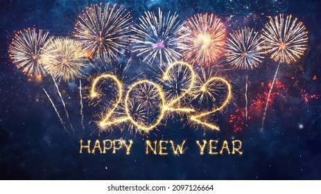 Greeting card Happy New Year 2022. Beautiful holiday web banner or billboard with Golden sparkling text Happy New Year 2022 written sparklers on festive blue background - Shutterstock ID 2097126664