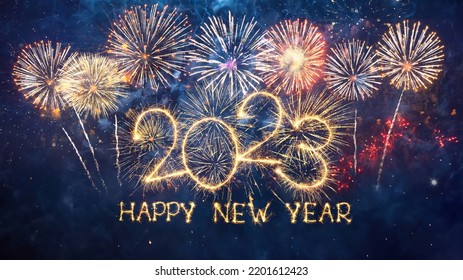 Greeting card Happy New Year 2023. Beautiful holiday web banner or billboard with Golden sparkling text Happy New Year 2023 written sparklers on festive firework background - Shutterstock ID 2201612423