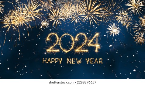 Greeting card Happy New Year 2024. Beautiful holiday web banner or billboard with Golden sparkling text Happy New Year 2024 written sparklers on festive blue background with fireworks - Shutterstock ID 2288376657