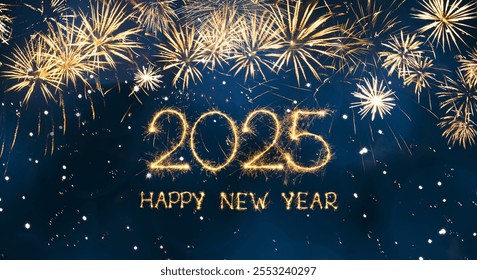 Greeting card Happy New Year 2025. Beautiful holiday web banner or billboard with Golden sparkling text Happy New Year 2025 written sparklers on festive blue background with fireworks - Powered by Shutterstock