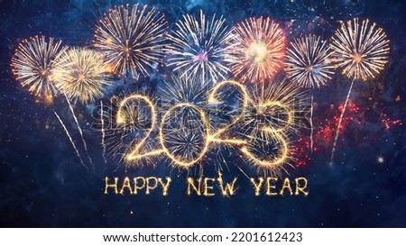 Greeting card Happy New Year 2023. Beautiful holiday web banner or billboard with Golden sparkling text Happy New Year 2023 written sparklers on festive firework background