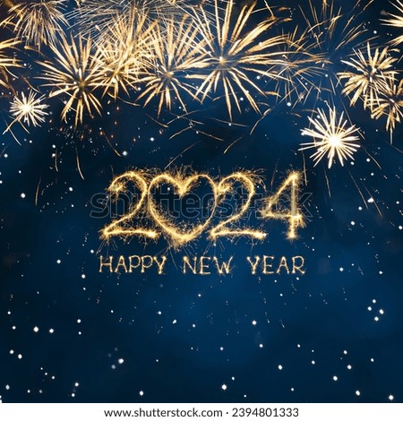 Greeting card Happy New Year 2024. Beautiful Square holiday web banner or poster with Golden sparkling text Happy New Year 2024 written sparklers on festive blue background.