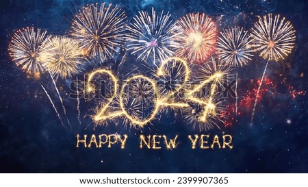 Greeting card Happy New Year 2024. Beautiful holiday web banner with Golden sparkling text Happy New Year 2024 written sparklers on festive background