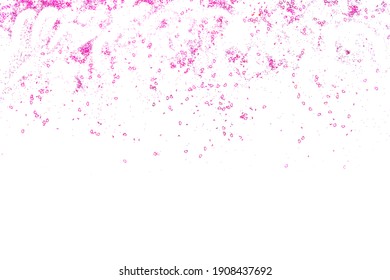 Greeting card with hearts sprinkles confetti for the inscription, pink sparkles in the shape of hearts, white background. Happy St Valentine day concept. Top above overhead. Love concept. Mockup 